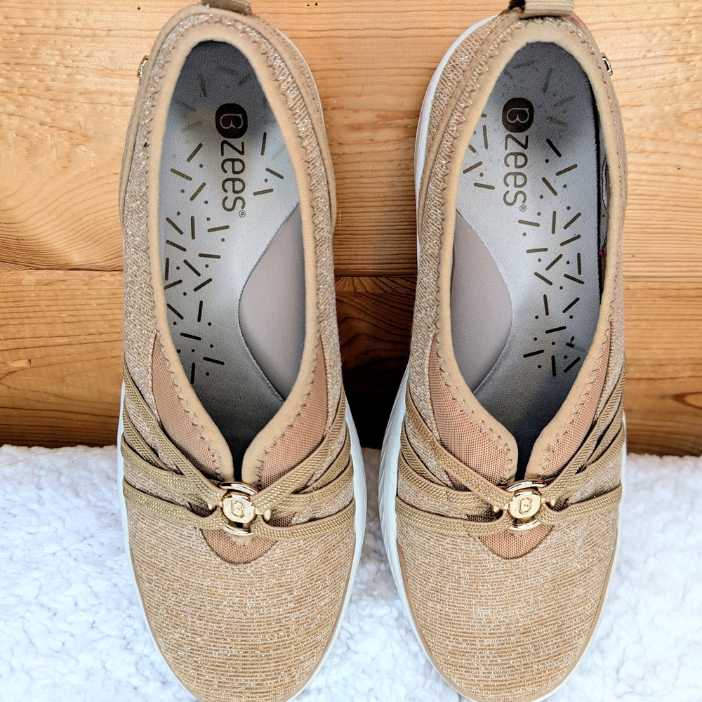 Bzees Slip-On Women's Beige/Gold  Shimmery Sneaker Shoes - Picture 6 of 15